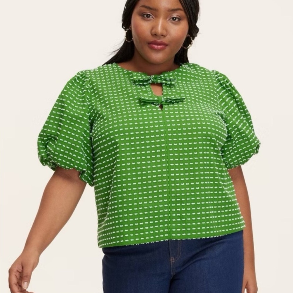 NWT Kate Spade Target Green White Dot Blouse Puff Sleeve Bow Back Top